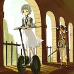  1girl barefoot black_hair brown_eyes dress headband horns ico ico_(character) kimihiyo lowres sandals segway short_hair silver_hair tabard yorda 