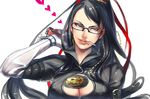  1girl bayonetta bayonetta_(character) beauty_mark black_eyes black_hair bodysuit breasts cleavage_cutout female gun imaginaly_blank long_hair mole red_ribbon ribbon solo weapon white_background 