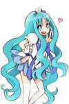  blue blue_eyes blue_hair blue_skirt cure_marine curly_hair emdo_(norabbit) happy heart heartcatch_precure! highres kurumi_erika long_hair magical_girl precure skirt solo thighhighs v very_long_hair white_legwear 