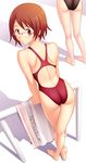  ass barefoot brown_eyes brown_hair competition_swimsuit from_above glasses highres kuri_(kurigohan) looking_back multiple_girls one-piece_swimsuit original solo_focus swimsuit towel 