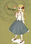  :&lt; blond_hair blue_eyes blush book flag glasses high_heels monaco pantyhose plait ribbon skirt solo 