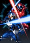  blue_eyes cowboy_shot dual_persona energy_sword highres kamen_rider kamen_rider_accel kamen_rider_w looking_at_viewer male_focus orange_eyes standing suzume_inui sword weapon 