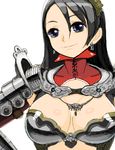  armor banned_artist black_hair blue_eyes breasts cleavage copyright_request earrings jewelry large_breasts long_hair nagasawa_shin smile solo 