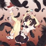  :o bad_id bad_pixiv_id black_wings blush bow bowtie brown_hair cellphone expressionless feathers geta gradient gradient_background hat looking_up maki_(natoriumu) midair motion_blur panties panties_around_one_leg petticoat phone red_eyes shameimaru_aya short_hair solo tabi tassel tengu-geta tokin_hat touhou underwear v wings 