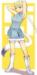  animal_ears armpits arms_up blonde_hair blue_eyes blush boots brave_witches em ermine_ears nikka_edvardine_katajainen pouch short_hair smile solo spandex tail weasel_ears weasel_tail world_witches_series zipper 