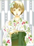  brown_hair hair_ribbon japanese_clothes kimono mizore1211 persona persona_4 ribbon satonaka_chie short_hair solo yukata 