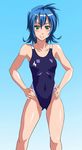  bad_id bad_pixiv_id blue_hair competition_swimsuit green_eyes hands_on_hips one-piece_swimsuit original short_hair solo swimsuit yoshimo_(yoshimo) 