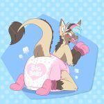 1:1 ambiguous_gender anthro big_diaper blue_hair blush blush_lines bodily_fluids bondage_gear bondage_gloves booties brown_body brown_ear_tips brown_fur brown_hair brown_spots clean_diaper clothing cloud_emanata cut_horn daki_(poofbuttrocky) diaper diaper_puff dipstick_ears dotted_background dragon ear_markings emanata english_text footwear full-length_portrait fur furred_dragon furred_scalie gloves_(marking) hair handwear heart_clothing heart_diaper heart_symbol heart_underwear hi_res hybrid hyena jupiters kneeling leg_markings looking_back mammal markings mohawk multicolored_ears multicolored_hair mythological_creature mythological_scalie mythology object_in_mouth pacifier pacifier_in_mouth pattern_background pink_clothing pink_footwear pink_hair pink_handwear pink_pacifier portrait rear_view scalie simple_background socks_(marking) solo spots spotted_body spotted_face spotted_fur sweat tail tail_tuft tan_inner_ear text text_on_diaper tuft underwear wavy_mouth