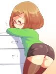 1girl ass black_skirt bob_cut brown_hair cabinet cardigan file_cabinet flying_sweatdrops from_behind furrowed_brow glasses green_cardigan half-closed_eyes highres inkerton-kun leaning_on_object long_sleeves looking_at_viewer looking_back miniskirt nikki_(swapnote) no_sclera panties pantyshot pencil_skirt rectangular_eyewear red-framed_eyewear red_panties short_hair skirt smile swapnote sweatdrop thighhighs underwear upskirt 