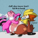  1:1 air_inflation anthro bedroom blush blush_lines bovid caprine close_to_bursting delphox dizzy_eyes duo english_text feet female female/female flaaffy generation_2_pokemon generation_6_pokemon glowing inflation mammal mature_female movieunleashers nintendo pain pokemon pokemon_(species) pump purple_blush scar self-harm_scars self-ship sheep skyhighbaa spread_toes tail tail_motion tailwag text toes yumeship 