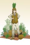  1girl absurdres black_necktie brown_hair brown_vest buttons commentary crinoids english_commentary food food-themed_clothes fruit fruit_hat full_body hat highres long_sleeves necktie original pants pineapple shirt solo standing vest white_pants white_shirt 