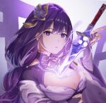  1girl armor blurry breasts bridal_gauntlets cleavage clothing_cutout commentary depth_of_field drawing_sword electricity genshin_impact glowing glowing_sword glowing_weapon hair_ornament highres holding holding_sword holding_weapon huge_breasts human_scabbard japanese_clothes kimono large_breasts long_braid looking_at_viewer looking_to_the_side mitsudomoe_(shape) mole mole_under_eye musou_isshin_(genshin_impact) neck_ribbon off_shoulder purple_background purple_kimono raiden_shogun red_ribbon ribbon sawamaru_0528 shoulder_armor shoulder_cutout solo sword sword_between_breasts tomoe_(symbol) upper_body weapon 