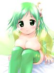  breast_press breasts cleavage final_fantasy final_fantasy_iv green_eyes green_hair hair_ornament hima large_breasts long_sleeves no_bra open_clothes open_shirt rydia shirt solo thighhighs thighs 