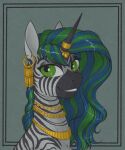 blue_hair ear_piercing ear_ring equid equine fan_character female feral forest_glade gold_(metal) gold_jewelry gold_necklace gold_ring green_eyes green_hair hair hasbro hi_res horn horn_jewelry horn_ring jewelry mammal multicolored_hair my_little_pony necklace piercing portrait ring_(jewelry) ring_piercing smile solo stray_prey striped_body stripes two_tone_hair zebra