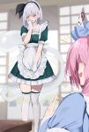  258n 2girls absurdres alternate_costume apron black_hairband blue_hair blue_kimono blunt_bangs blush commentary_request dress gloves green_dress hairband half-closed_eyes hat highres japanese_clothes kimono konpaku_youmu konpaku_youmu_(ghost) maid maid_apron mob_cap multiple_girls one_eye_closed open_mouth pink_hair puffy_short_sleeves puffy_sleeves saigyouji_yuyuko short_hair short_sleeves standing table thighhighs touhou triangular_headpiece white_gloves white_hair white_thighhighs 