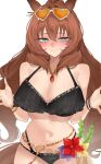  1girl \||/ animal_ears bikini black_bikini blush bow breasts brown_hair brown_tail chain cleavage closed_mouth commentary ear_bow english_commentary eyewear_on_head flower flower_bikini frilled_bikini frills green_eyes hair_between_eyes hair_intakes heart heart-shaped_eyewear highres horse_ears horse_girl horse_tail jewelry large_breasts long_hair looking_at_viewer maruzensky_(hot_summer_night)_(umamusume) maruzensky_(umamusume) navel necklace official_alternate_costume official_alternate_hairstyle orange-tinted_eyewear purple_flower red_flower request_inset ruffle_bikini simple_background skindentation smile solo stomach swimsuit tail thigh_strap thighs tinted_eyewear umamusume variant_set white-framed_eyewear white_background xkittyzx yellow_flower 