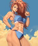  1girl abs absurdres breasts brown_hair captain_mizuki commentary_request earrings hair_pulled_back hand_on_own_hip highres jewelry long_hair looking_at_viewer medal medium_breasts muscular muscular_female navel ogami one-punch_man ponytail purple_eyes solo sports_bra sports_panties 
