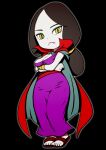  1girl arms_under_breasts beeru_(veil8801) bera black_background black_hair blue_eyeshadow breasts cape cleavage closed_mouth commentary_request crossed_arms deformed dress eyeshadow fang fang_out frown full_body high_collar highres long_hair makeup medium_breasts purple_dress red_sandals sandals simple_background slides solo yellow_eyes youkai_ningen_bem 