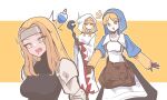  3girls absurdres apron armor black_dress black_shirt blonde_hair blue_headscarf brown_gloves chemist_(fft) dress drooling final_fantasy final_fantasy_tactics gameplay_mechanics gloves hairband headscarf highres hmrsh holding holding_staff hood hood_up hooded_robe mage_staff mouth_drool multiple_girls pauldrons potion robe shirt shoulder_armor squire_(fft) staff throwing twintails white_apron white_mage_(fft) white_mage_(final_fantasy) white_robe yellow_eyes 