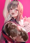  1girl absurdres alone_belm armpits blush breasts brown_hair chocolate chocolate_on_body chocolate_on_breasts chocolate_trail commentary_request cosplay food_on_body goddess_of_victory:_nikke highres holding holding_menu horns huge_breasts looking_at_viewer maid medium_sidelocks menu mole mole_under_eye open_mouth pink_eyes pink_horns shibari shibari_over_clothes small_horns solo tongue tongue_out unconventional_maid upper_body velvet_(nikke) velvet_(nikke)_(cosplay) viper_(nikke) 
