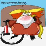  1:1 air_inflation anthro bed bedroom delphox female furniture generation_6_pokemon inflation mature_female movieunleashers nintendo on_bed pokemon pokemon_(species) pump sitting sitting_on_bed skyhighbaa solo speech_bubble spread_legs spreading 