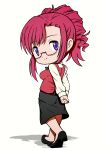  1girl arms_behind_back beeru_(veil8801) black_shoes black_skirt breasts closed_mouth commentary_request deformed full_body glasses highres kazami_mizuho long_hair long_sleeves looking_back medium_breasts medium_skirt mole mole_under_eye onegai_teacher pink_hair ponytail purple_eyes red_vest semi-rimless_eyewear shirt shoes simple_background skirt smile solo split_mouth under-rim_eyewear vest walking white_background white_shirt 