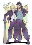  2boys baggy_pants bandaid bandaid_on_cheek bandaid_on_face baseball_bat black_hair black_jacket black_pants blonde_hair blue_eyes blue_shirt blush cloud_strife cloud_strife_(midgard_seventh_high_school) commentary_request final_fantasy final_fantasy_vii final_fantasy_vii:_ever_crisis full_body gakuran hand_on_another's_shoulder holding holding_baseball_bat jacket jewelry male_focus multiple_boys necklace nidou_(rechlo) official_alternate_costume open_clothes open_jacket open_mouth pants school_uniform shirt short_hair spiked_hair standing twitter_username wallet_chain white_shirt zack_fair zack_fair_(midgard_seventh_high_school) 