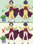  1girl absurdres ass black_hair blush breasts closed_mouth commentary_request erika_(pokemon) glowing glowing_eyes hairband hakama hakama_skirt highres japanese_clothes kimono long_sleeves looking_at_viewer motion_lines multiple_views oddish open_mouth panties pokemoa pokemon pokemon_(creature) pokemon_frlg red_eyes red_hairband red_hakama sandals shaking short_hair skirt smile socks underwear white_panties white_socks yellow_kimono 