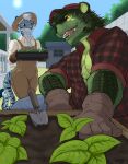 2025 alligator alligatorid anthro blue_body blue_fur blue_sky clothing colored crocodilian dated day dirt duo felid fur gaelan garden gardening gloves grass green_body green_fur handwear hat headgear headwear hi_res hybrid male male/male mammal matthias_(tigereye7669) outside overalls pandottermon pantherine pattern_clothing pattern_topwear plaid plaid_clothing plaid_topwear plant porch reptile scalie shed signature sky smile smiling_at_another spring_(season) sun teeth tiger topwear