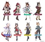  6+girls animal_ears asymmetrical_footwear bare_shoulders black_boots black_hair black_jacket black_pants black_shirt black_shorts black_thighhighs blonde_hair blue_eyes blue_jacket blush boots bow bracelet breasts brown_boots brown_eyes brown_hair brown_shirt cape casino_drive_(umamusume) closed_mouth commentary_request dress ear_covers ears_through_headwear epiphaneia_(umamusume) forever_young_(umamusume) full_body gloves gradient_hair green_bow hair_between_eyes hair_ornament hairband hairclip hand_in_pocket hand_puppet hat horse_ears horse_girl jacket jewelry large_breasts logotype_(umamusume) long_sleeves looking_at_viewer marche_lorraine_(umamusume) medium_breasts midriff mismatched_footwear multicolored_hair multiple_girls necktie official_art open_mouth overskirt pants ponytail puppet purple_eyes red_cape red_eyes red_hair red_jacket red_sash ribbed_socks rose_kingdom_(umamusume) rulership_(umamusume) sash shirt short_hair shorts simple_background single_ear_cover skirt sleeveless sleeveless_shirt small_breasts smile socks streaked_hair sunglasses thigh_boots thigh_strap thighhighs two-tone_hair umamusume victoire_pisa_(umamusume) white_background white_cape white_dress white_gloves white_jacket white_necktie white_pants white_shirt white_skirt 