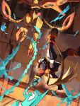  1boy absurdres battle commentary_request energy_blade highres holding holding_whip male_focus mega_man_(series) mega_man_zero_(series) mega_man_zero_3 non-humanoid_robot omochi_(mochi_skymega) phoenix_magnion robot robot_animal robot_bird upside-down whip zero(z)_(mega_man) zero_(mega_man) 
