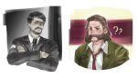  2boys ? ?? black_hair black_jacket black_necktie brown_hair clenched_teeth collared_shirt crossed_arms disco_elysium dule_(anhaidule) facial_hair furrowed_brow green_jacket hair_slicked_back harry_du_bois highres jacket jean_vicquemare male_focus multiple_boys mutton_chops necktie red_necktie shirt sweatdrop teeth upper_body white_shirt 