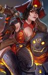  1girl 1other alternate_species armor armored_dress ashe_(overwatch) black_hair black_scales black_thighhighs bob_(overwatch) breasts cleavage cleavage_cutout clothing_cutout commentary corruption demon demon_horns detached_sleeves dress english_commentary faulds gauntlets gift glowing glowing_eyes gun hat head_rest highres holding holding_gift holding_gun holding_weapon horns medium_breasts mismatched_arms momo-deary official_alternate_costume over_shoulder overwatch paid_reward_available pelvic_curtain red_dress red_eyes red_lips rifle scale_armor short_hair single_detached_sleeve single_gauntlet sitting_on_shoulder solo_focus thick_eyebrows thighhighs tricorne warlock_ashe warlock_bob weapon weapon_over_shoulder zettai_ryouiki 