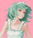  1girl bare_shoulders collarbone commentary_request dress flat_chest floating_hair green_hair hairband highres kishimen_hair looking_ahead medium_hair monogatari_(series) nademonogatari one-hour_drawing_challenge open_mouth oretekiya pink_background red_eyes sengoku_nadeko sengoku_nadeko_(sundress) simple_background sleeveless solo turning_head upper_body white_dress white_hairband 