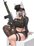  1girl absurdres animal_ears binoculars black_helmet black_jacket braid breasts brown_thighhighs bulletproof_vest chance8000 cleavage combat_helmet commentary commission discordia_(vtuber) ears_through_headwear english_commentary fast_helmet foot_out_of_frame fox_ears fox_girl gun hair_over_one_eye hair_over_shoulder helmet highres holding holding_gun holding_weapon indie_virtual_youtuber jacket large_breasts long_hair long_sleeves looking_at_viewer mask midriff mouth_mask navel one_eye_covered panty_straps print_mask red_eyes rifle simple_background single_braid single_thighhigh sitting solo tactical_clothes teeth_print teeth_print_mask thigh_strap thighhighs torn_clothes torn_thighhighs virtual_youtuber weapon white_background white_hair 