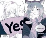  ... 2girls ? animal_ears blush cho_kaguya-hime! commentary_request ear_blush forehead_jewel fox_ears hair_down hand_on_own_chin hugging_object korean_commentary korean_text long_hair long_sleeves medium_hair multiple_girls qjadlbum runami_yachiyo sakayori_iroha smile speech_bubble spoken_ellipsis spoken_question_mark sweat thought_bubble translation_request twitter_username upper_body yes yes-no_pillow yuri 