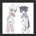  2boys akinashi_haru ambiguous_red_liquid animal_ears apron black_hair blue_bow blue_eyes bottle bow cat_boy cat_ears cat_tail frilled_apron frills full_body gauze_on_knee hair_bow hashtag-only_commentary heart heart_hands highres holding holding_bottle jacket jersey_maid ketchup_bottle leg_warmers legs_apart maid multiple_boys o_oyouno pants pink_bow pink_jacket pink_pants pink_track_suit rabbit_boy rabbit_ears rabbit_tail red_eyes saihate_eki shoes standing tail tatsunami_shion track_jacket track_suit unconventional_maid unfinished white_apron white_hair white_shoes 