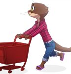 anthro belt bottomwear brown_body brown_fur clothing denim denim_bottomwear denim_clothing disney female footwear fur hi_res jeans long_tail mammal mrs._otterton mustelid otter pants pink_clothing pink_nose pink_shirt pink_topwear river_otter sandals shirt shoes shopping shopping_cart simple_background siroc solo tail topwear whiskers white_belt zootopia