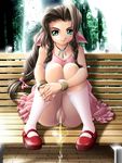 aerith_gainsborough bench boots bow brown_hair censored day dress dress_lift final_fantasy final_fantasy_vii green_eyes jewelry kneehighs long_hair mosaic_censoring necklace no_panties onoe outdoors park pee peeing pink_bow pink_dress public_urination sitting socks solo tree 