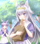  2girls absurdres ahoge animal_ears aqua_bow bag blue_eyes blue_sky blush bow closed_mouth cloud commentary_request ear_bow ear_ornament ear_ribbon eating food grey_hair hair_between_eyes hair_ornament hairband highres holding holding_bag holding_food horse_ears horse_girl long_hair mejiro_mcqueen_(umamusume) multicolored_hair multiple_girls oguri_cap_(umamusume) outdoors parted_lips pleated_skirt puffy_short_sleeves puffy_sleeves purple_bow purple_eyes purple_hair purple_shirt sailor_collar sailor_shirt school_uniform shirt short_sleeves skirt sky taiyaki tracen_school_uniform tree umamusume wagashi white_sailor_collar white_skirt yuugi_roki 