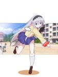  >:) 1girl absurdres ball baseball baseball_(object) baseball_mitt black_hairband blue_skirt blurry blurry_background brown_shoes clannad closed_mouth commentary day eyes_visible_through_hair full_body grey_eyes grey_hair hair_between_eyes hairband hand_up highres hikarizaka_private_high_school_uniform jacket kneehighs leaning_forward letterboxed loafers long_hair miniskirt morinoritoriori outdoors pleated_skirt sailor_collar sakagami_tomoyo school_uniform serafuku shoes sidelocks skirt sleeves_past_wrists smile smug socks solo split_mouth standing standing_on_one_leg straight_hair throwing v-shaped_eyebrows very_long_hair white_sailor_collar white_socks yellow_jacket 