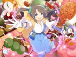  1girl :d ahoge animal_bag armor belt_pouch blue_eyes blue_hakama blush boots breasts brown_hair bucket cake castella_(food) cherry dango dorayaki energy fang floral_print_hakama floral_print_pants food food_request fruit gessen_academy_school_uniform gloves goma_dango_(food) green_hair_ornament hair_between_eyes hair_ornament hairband hakama holding holding_bucket imomochi japanese_armor japanese_clothes kashiwa_mochi_(food) kimono kote large_breasts leaf light_particles long_hair looking_at_viewer minori_(senran_kagura) mint_(candy) mitarashi_dango mochi motion_lines muneate namagashi nerikiri official_art open_mouth oversized_backpack pickled_cherry_blossom pouch red_bean_paste ring_hair_ornament school_emblem school_uniform senran_kagura senran_kagura_new_link senran_kagura_shinovi_versus sidelocks skewer smile solo sparkle sweets taiyaki twintails wagashi white_gloves white_hairband white_kimono yellow_pupils yomogi_dango_(candy) 