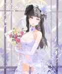  1girl :d alternate_costume alternate_hairstyle animal_ears ass_visible_through_thighs bare_shoulders bilingual_commentary black_hair blue_archive blunt_bangs blush bouquet bow breasts bridal_veil bride butterfly_hair_ornament character_name chinese_commentary cleavage clothing_cutout commentary_request covered_navel cowboy_shot dog_ears dog_girl dress dress_bow earrings elbow_gloves english_commentary english_text extra_ears floppy_ears floral_print floral_print_sleeves flower frilled_dress frills garter_straps glint gloves hair_down hair_ornament halo hand_up haven_(5347) hibiki_(blue_archive) highres holding holding_bouquet hoop_earrings jewelry long_hair looking_at_viewer medium_breasts mixed-language_commentary open_mouth panties pink_flower pink_rose print_sleeves rose signature sleeveless sleeveless_dress smile solo stomach_cutout thighhighs translation_request underwear veil wedding_dress white_bow white_dress white_flower white_gloves white_panties white_rose white_thighhighs white_veil yellow_halo 