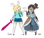  adventure_time avatar:_the_last_airbender avatar_(series) blush_stickers crossover dark_skin fionna_the_human_girl fist_bump genderswap kei-chan_(atlas_kei) korra multiple_girls sword the_legend_of_korra weapon 