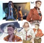  ... 2boys black_hair blazer bomber_jacket buzz_cut cat collared_shirt disco_elysium dule_(anhaidule) facial_hair glasses gloves green_jacket hair_slicked_back hand_on_another's_stomach harry_du_bois highres jacket kim_kitsuragi multiple_boys multiple_views mutton_chops necktie orange_gloves orange_jacket red_necktie round_eyewear shirt short_hair smoking spoken_ellipsis very_short_hair white_shirt 