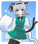  1boy ahoge animal_ear_fluff animal_ears black_bow black_bowtie black_hairband black_thighhighs blue_eyes blush bow bowtie buttons cat_ears cat_girl cat_tail closed_mouth commentary_request cowboy_shot fang green_skirt green_vest grey_hair hairband hand_up highres konpaku_youmu konpaku_youmu_(ghost) long_sleeves looking_at_viewer riruku shirt short_hair skin_fang skirt skirt_set sleeves_past_fingers sleeves_past_wrists solo tail thighhighs touhou vest white_shirt 