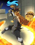  2021 anthro black_clothing blue_eyes brown_hair clothed clothed_male clothing colored dated elemental_manipulation erez_(rmwx) fire fire_manipulation giraffe giraffid grey_clothing hair hi_res male mammal orange_body pandottermon signature sky solo standing 