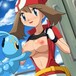  alternate_breast_size bandana bestiality blue_eyes blush body_blush breast_feeding breast_sucking breasts brown_hair creature day gen_4_pokemon haruka_(pokemon) hat large_breasts lowres manaphy navel nipples open_clothes open_shirt pokemoa pokemon pokemon_(creature) shirt shirt_lift sky 