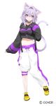  1girl animal_ears asymmetrical_pants black_hoodie breasts cat_ears cat_girl cat_tail commentary_request crop_top hair_between_eyes hand_up hololive hood hood_down hoodie kamioka_shun'ya large_breasts long_hair long_sleeves looking_at_viewer midriff navel nekomata_okayu nekomata_okayu_(1st_costume) official_art pants puffy_long_sleeves puffy_pants puffy_sleeves purple_eyes purple_hair shoes simple_background sleeves_past_wrists solo tail white_background white_pants yellow_shoes 