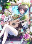  1boy :d acoustic_guitar ahe63011 aqua_hair artist_name beret black_hair blue_sky bow bowtie braid branch brown_bow brown_bowtie brown_corset bug cape capelet cecilia_flower_(genshin_impact) center_frills chinese_commentary closed_eyes cloud commentary_request corset crossed_legs crystalfly_(genshin_impact) day eyelashes feathers feet_out_of_frame flower frilled_sleeves frills genshin_impact gradient_hair green_cape green_capelet green_hat green_shorts guitar hair_between_eyes hair_flower hair_ornament hand_up hat highres holding holding_guitar holding_instrument instrument long_sleeves male_focus medium_hair multicolored_hair music open_mouth pantyhose petals pink_flower pink_rose playing_guitar playing_instrument pom_pom_(clothes) puffy_shorts rose shirt short_shorts shorts side_braids sitting sitting_in_window sky smile solo twin_braids two-sided_cape two-sided_fabric u_u venti_(genshin_impact) vision_(genshin_impact) watermark white_flower white_pantyhose white_shirt window 